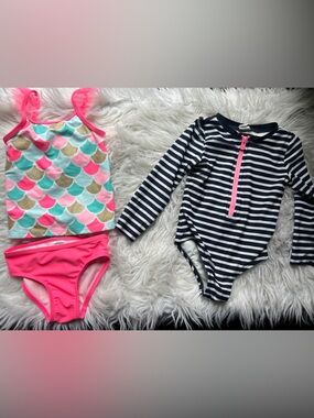GAP GirlsNavy Stripe Rashguard & Carters Neon Pink, Teal & Gold Mermaid Tankini